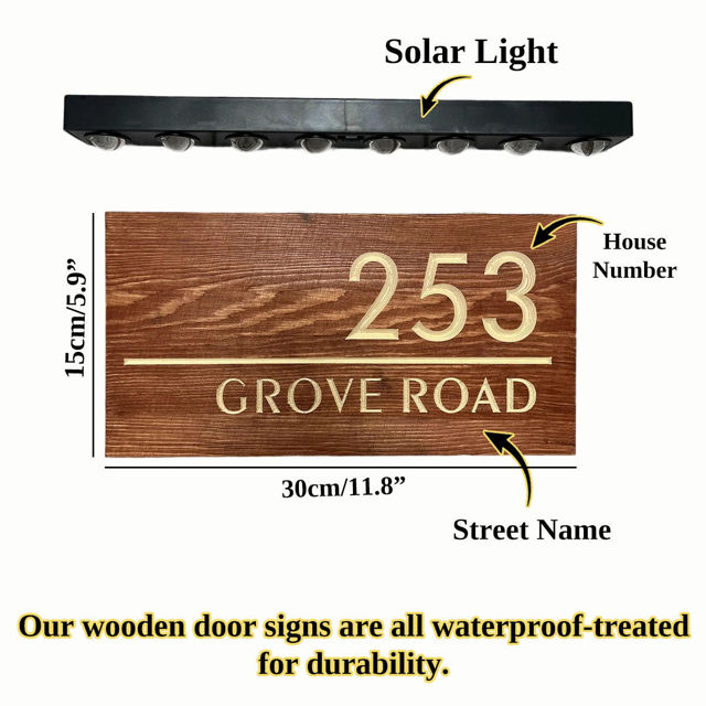 Picture of Custom Waterproof Wooden House Sign with Solar Light - Personalised Engraved Door Number Sign Plaque