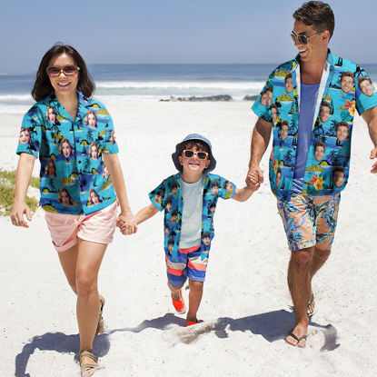 Picture of Custom Face Photo Hawaiian Shirts for Family - Personalized Short Sleeve Beach Party Summer T-Shirts - Blue Beach - Best Holiday Gifts