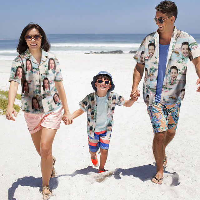 Picture of Custom Photo Face Hawaiian Shirt for Family - Personalized Short Sleeve Beach Party Summer T-Shirts - White Sand Beach Pattern