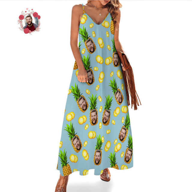 Picture of Custom Face Photo Hawaiian Style Big Pineapple Long Dress and Shirt Family Matching - Beach Party T-Shirts - Best Summer Holiday Gifts
