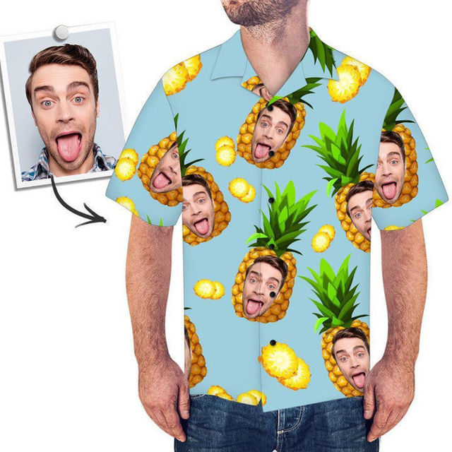Picture of Custom Face Photo Hawaiian Style Big Pineapple Long Dress and Shirt Family Matching - Beach Party T-Shirts - Best Summer Holiday Gifts