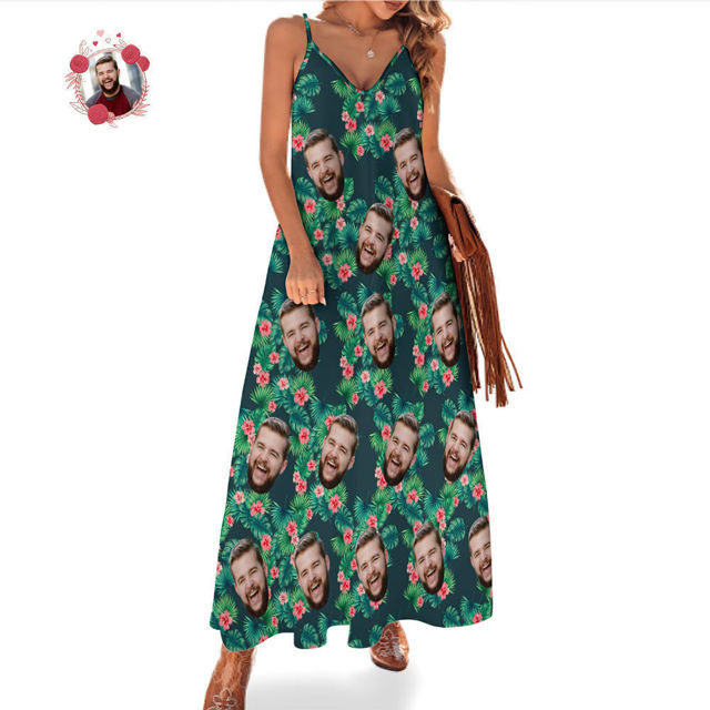 Picture of Custom Face Photo Hawaiian Style Red Flowers Long Dress & Shirts Family Matching Beach Party T-Shirts as Best Summer Holiday Gifts