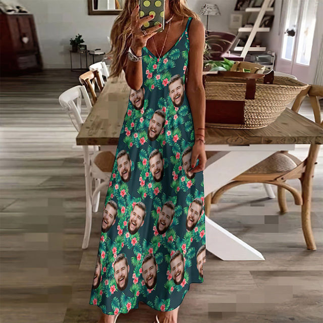 Picture of Custom Face Photo Hawaiian Style Red Flowers Long Dress & Shirts Family Matching Beach Party T-Shirts as Best Summer Holiday Gifts