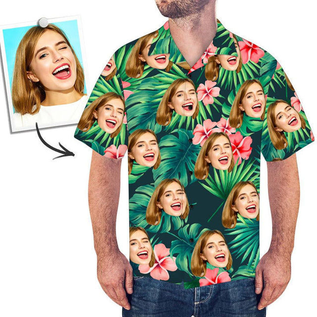 Picture of Custom Face Photo Hawaiian Style Red Flowers Long Dress & Shirts Family Matching Beach Party T-Shirts as Best Summer Holiday Gifts