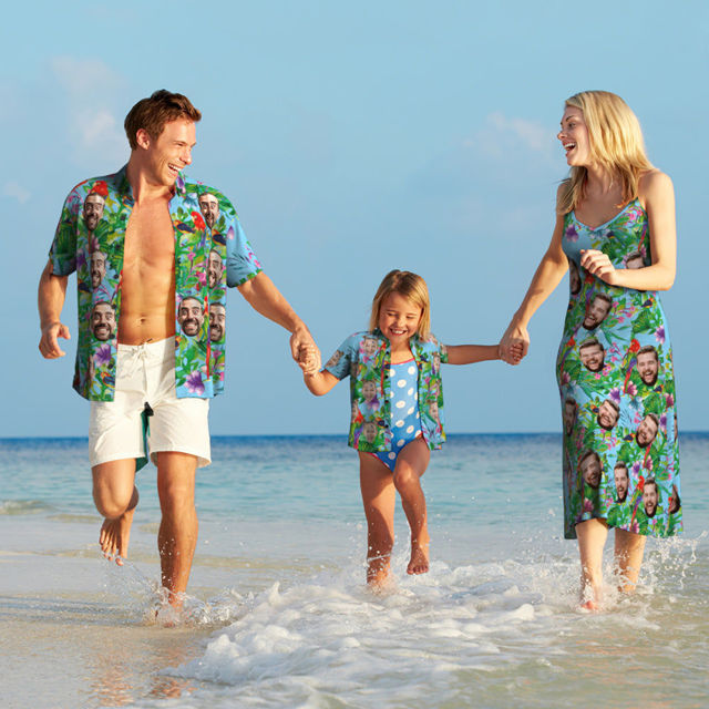 Picture of Custom Photo Face Hawaiian Set for Family - Long Dress and Shirt Family Matching - Beach Party Shirts as Best Summer Holiday Gifts