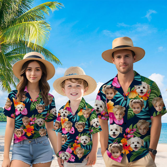 Picture of Custom Face Hawaiian Shirt for Family - Custom Hawaiian Shirt for Men, Women and Kids - Tropical Rose Red Flowers Pattern - Beach Party and Summer vacation Gift