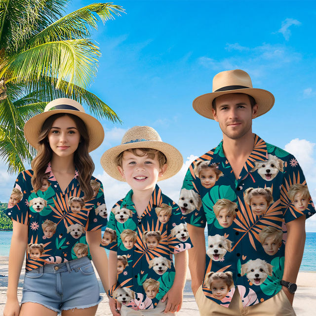 Picture of Custom Face Hawaiian Shirt for Family - Custom Hawaiian Shirt for Men, Women and Kids - Large Orange Leaves Pattern - Beach Party and Summer Vacation Gift