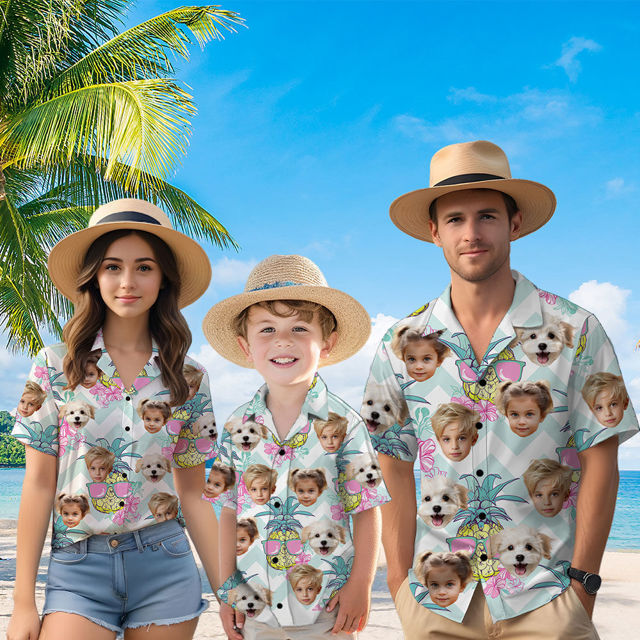 Picture of Custom Face Hawaiian Shirt for Family - Custom Hawaiian Shirt for Men, Women and Kids - Pink Sunglasses Pattern - Beach Party and Summer vacation Gift