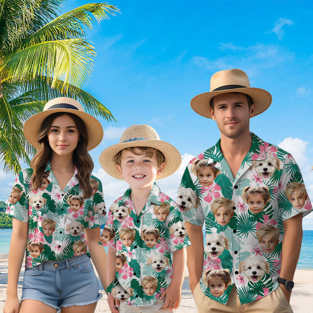 Picture of Custom Face Hawaiian Shirt for Family - Custom Hawaiian Shirt for Men, Women and Kids - Pink Flowers and Green Leaves Pattern - Beach Party and Summer Vacation Gift