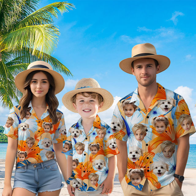 Picture of Custom Face Hawaiian Shirt for Family - Custom Hawaiian Shirt for Men, Women and Kids - Large Orange Flowers Pattern - Beach Party and Summer Vacation Gift