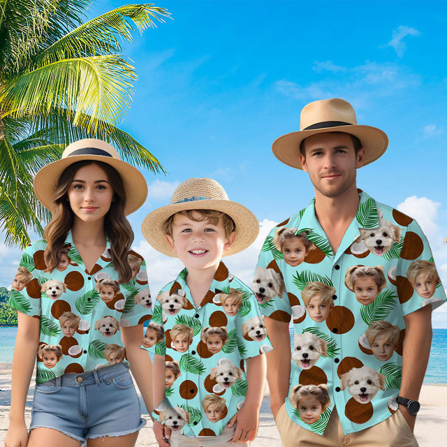 Picture of Custom Face Hawaiian Shirt for Family - Custom Hawaiian Shirt for Men, Women and Kids - Coconut Pattern - Beach Party and Summer Vacation Gift