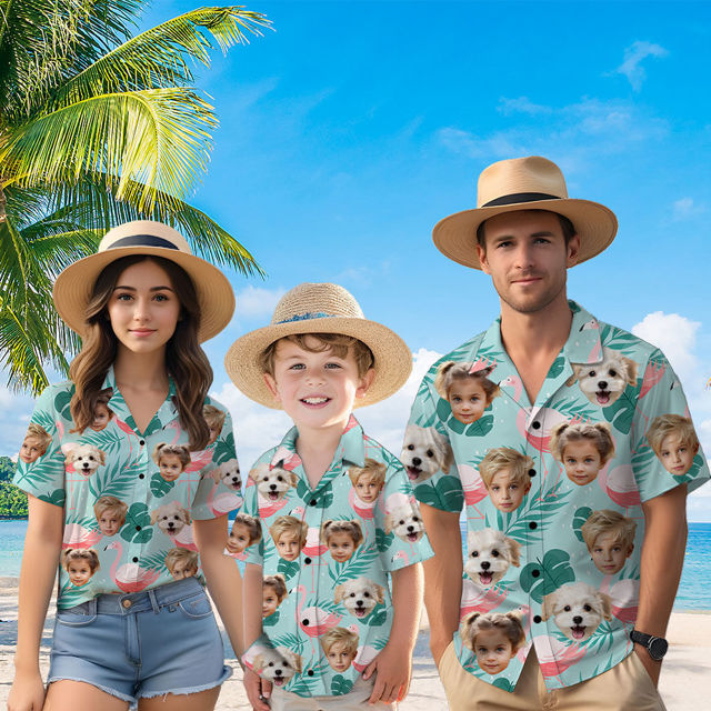 Picture of Custom Face Hawaiian Shirt for Family - Custom Hawaiian Shirt for Men, Women and Kids - Pink flamingo Pattern - Beach Party and Summer Vacation Gift