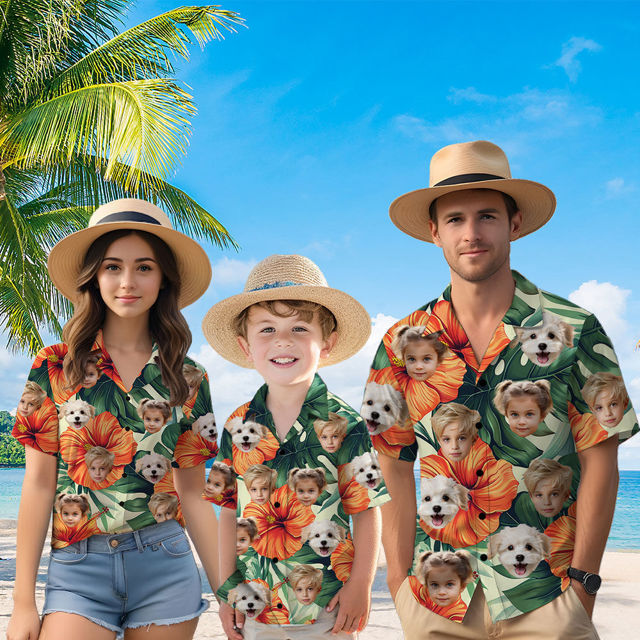 Picture of Custom Face Hawaiian Shirt for Family - Custom Hawaiian Shirt for Men, Women and Kids - Orange and Green Series - Beach Party and Summer Vacation Gift