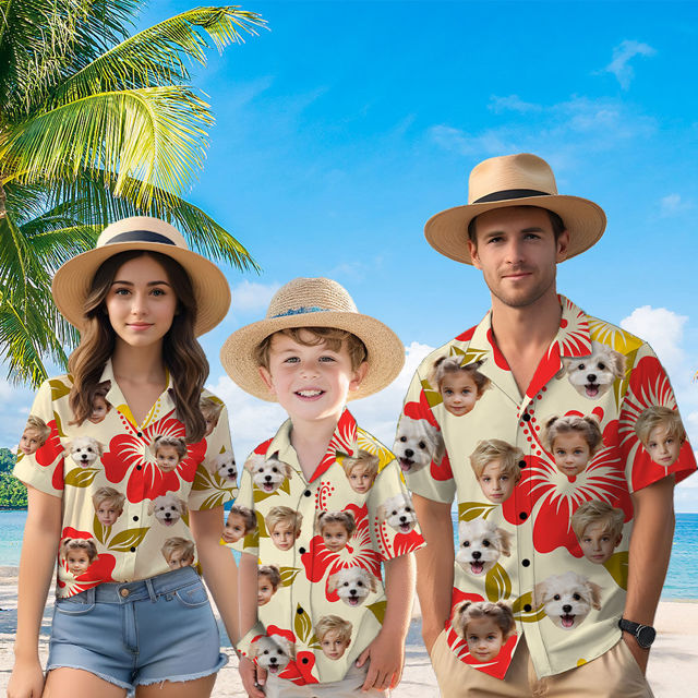 Picture of Custom Face Hawaiian Shirt for Family - Custom Hawaiian Shirt for Men, Women and Kids - Big Red Flowers Pattern - Beach Party and Summer Vacation Gift