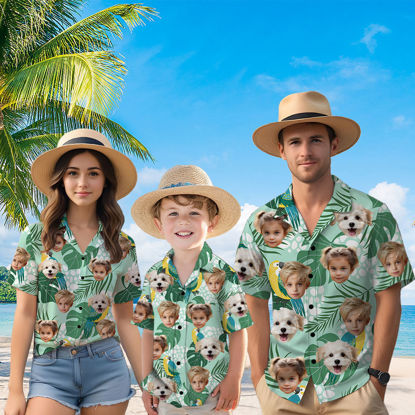 Picture of Custom Face Hawaiian Shirt for Family - Custom Hawaiian Shirt for Men, Women and Kids - Green Pattern - Beach Party and Summer Vacation Gift