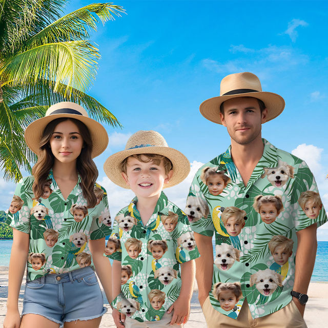 Picture of Custom Face Hawaiian Shirt for Family - Custom Hawaiian Shirt for Men, Women and Kids - Green Pattern - Beach Party and Summer Vacation Gift