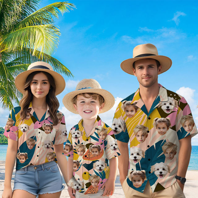 Picture of Custom Face Hawaiian Shirt for Family - Custom Hawaiian Shirt for Men, Women and Kids - Tropical Flower Contrast Pattern - Beach Party and Summer Vacation Gift