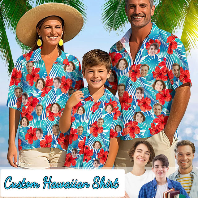 Picture of Custom Face Hawaiian Shirt for Family - Custom Hawaiian Shirt with Tropical Flower Pattern - Summer Holiday Gifts for Family