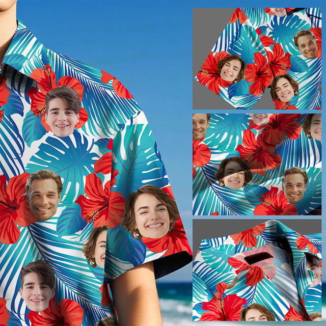 Picture of Custom Face Hawaiian Shirt for Family - Custom Hawaiian Shirt with Tropical Flower Pattern - Summer Holiday Gifts for Family