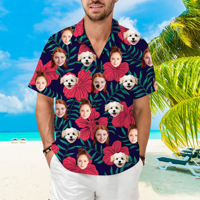 Picture of Custom Face Hawaiian Shirt for Family - Custom Hawaiian Shirt with Tropical Red Flower Pattern - Best Summer Holiday Gifts