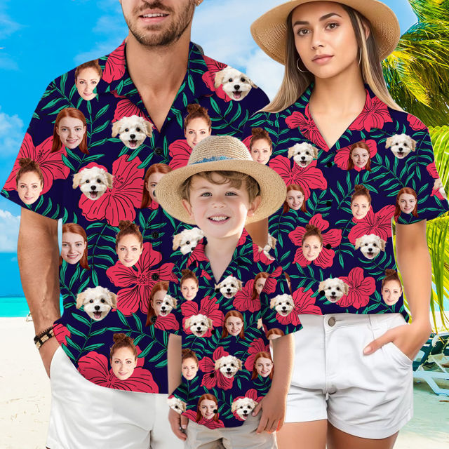 Picture of Custom Face Hawaiian Shirt for Family - Custom Hawaiian Shirt with Tropical Red Flower Pattern - Best Summer Holiday Gifts