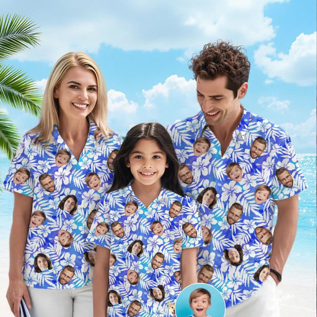 Picture of Custom Face Hawaiian Shirt for Family - Custom Hawaiian Shirt with Purple Pattern - Best Summer Holiday Gifts
