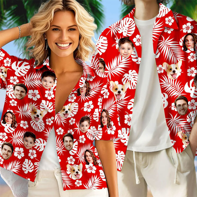 Picture of Custom Face Hawaiian Shirt for Family - Custom Hawaiian Shirt with Red Background - Best Summer Holiday Gifts