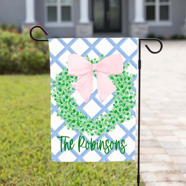 Picture of Custom Preppy Bow Wreath Garden Flag - Personalized Porch Flag with Family Name
