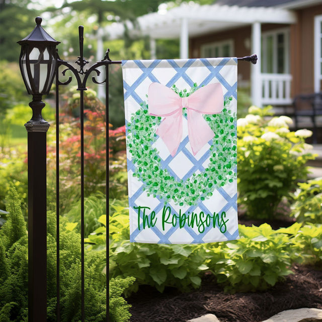 Picture of Custom Preppy Bow Wreath Garden Flag - Personalized Porch Flag with Family Name