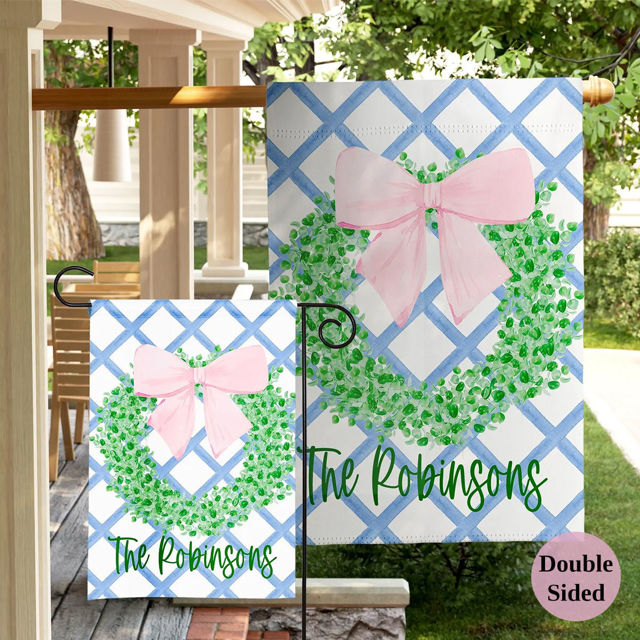 Picture of Custom Preppy Bow Wreath Garden Flag - Personalized Porch Flag with Family Name
