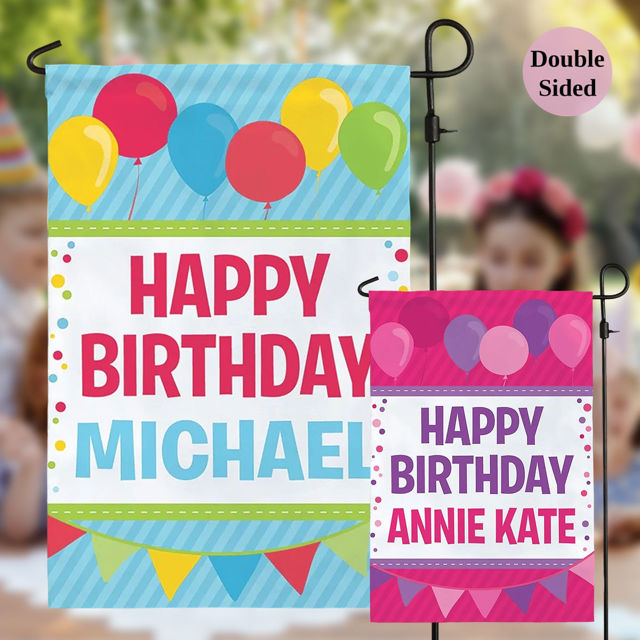 Picture of Birthday Party Sign Garden Flag - Custom Birthday Party Flag with Kids Name - Celebrate Birthday