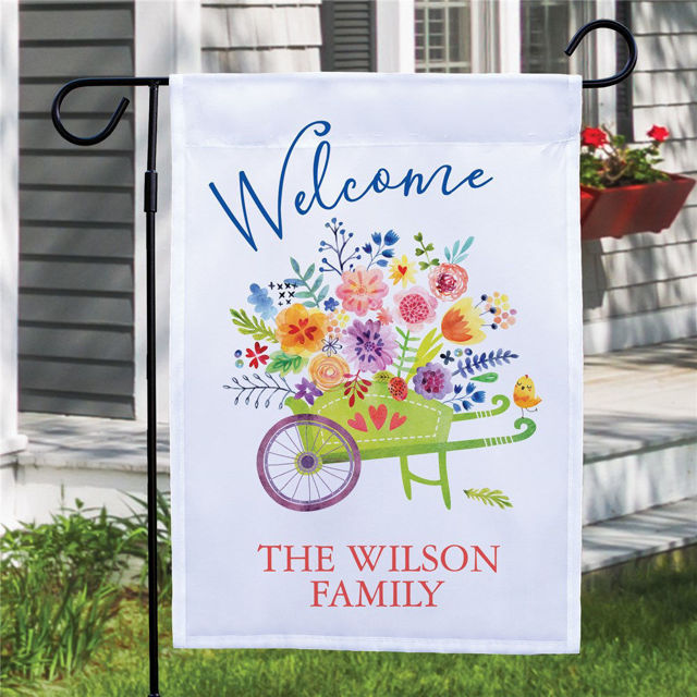 Picture of Personalized Garden Flag - Wheelbarrow Filled with Flowers - Custom Outdoor Yard Flag - Spring Garden Decor - Floral House Flag