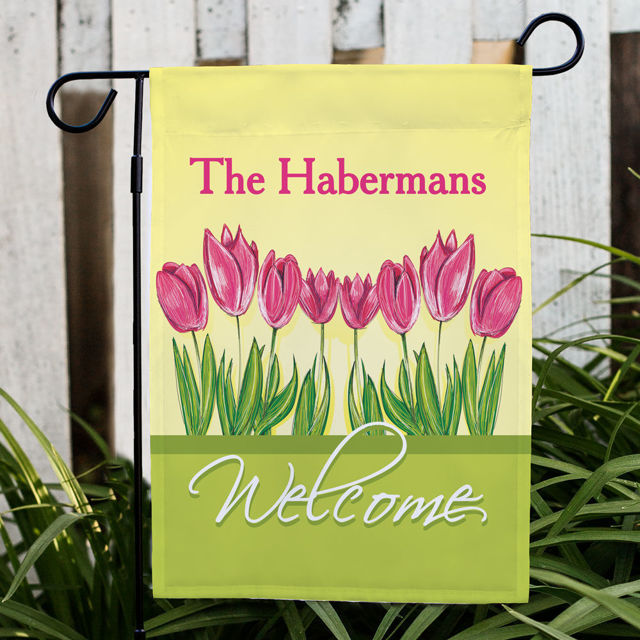 Picture of Personalized Tulips Garden Flag - Custom Spring Yard Sign - Floral Outdoor Decor - Garden Welcome Flag - Housewarming Gift