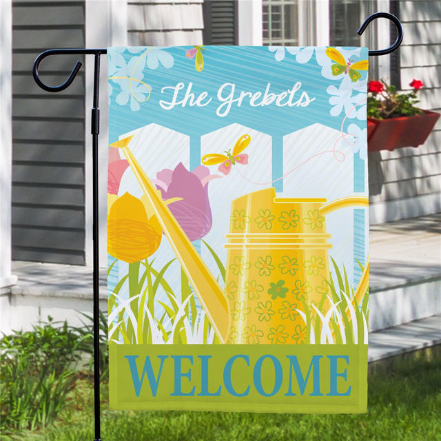 Picture of Personalized Watering Can Garden Flag - Custom Spring Yard Sign - Garden Tool Outdoor Decor - Floral Welcome Flag - Housewarming Gift