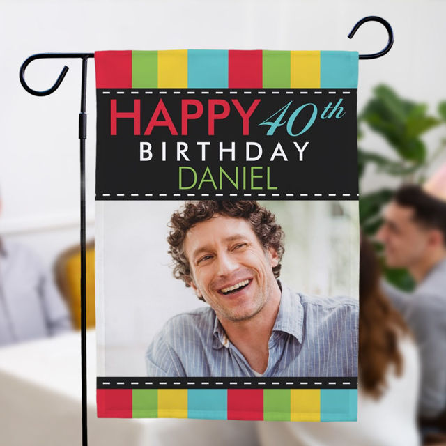 Picture of Custom Birthday Party Sign Garden Flag with Photo -  Personalised Birthday Party Flag