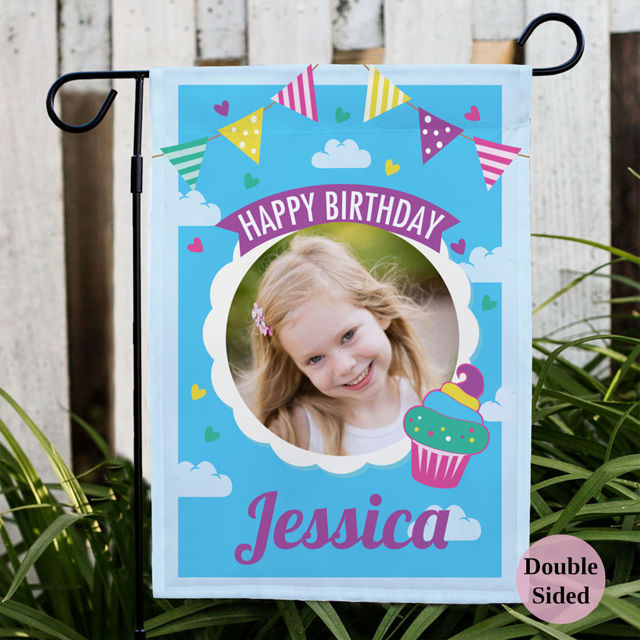 Picture of Birthday Party Sign Garden Flag - Custom Birthday Party Flag with Name - Let's Celebrate Birthday Flag