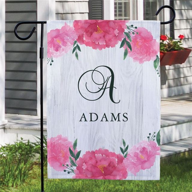 Picture of Custom Garden Flag with Family Name & Pink Flower - Personalized Outdoor Decor for Yard & Garden