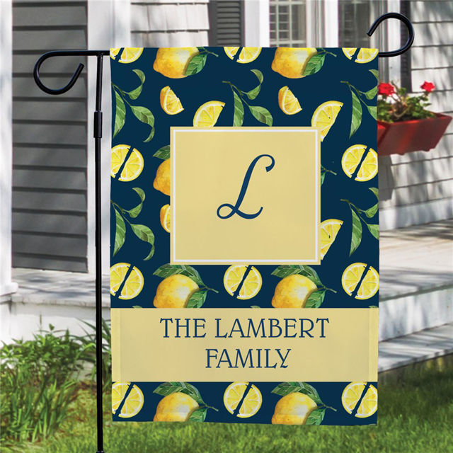 Picture of Custom Garden Flag with Family Name & Initial - Personalized Outdoor Decor for Yard & Garden - Lemon Pattern