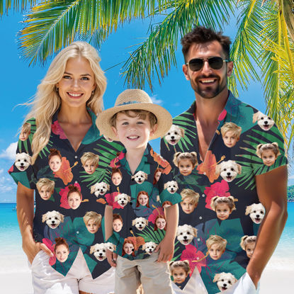 Picture of Custom Face Hawaiian Shirt for Family - Custom Hawaiian Shirt with Tropical Red Flower Pattern - Best Summer Hawaiian Shirt for Family