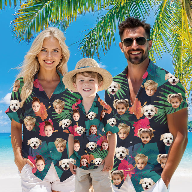 Picture of Custom Face Hawaiian Shirt for Family - Custom Hawaiian Shirt with Tropical Red Flower Pattern - Best Summer Hawaiian Shirt for Family