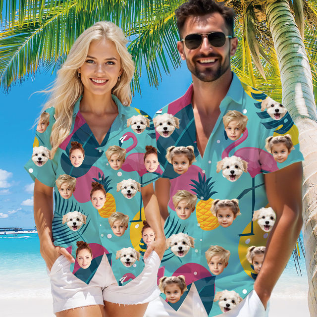 Picture of Custom Face Hawaiian Shirt for Family - Custom Hawaiian Shirt with Pink Flamingo Pattern - Best Summer Hawaiian Shirt for Family
