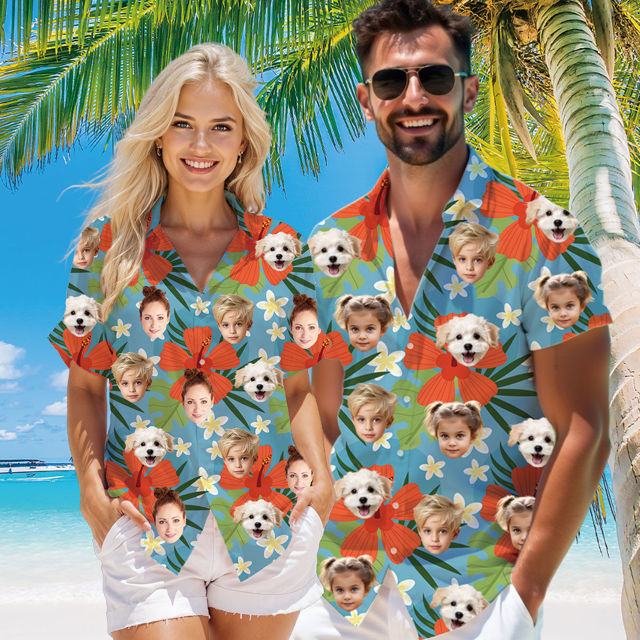 Picture of Custom Face Hawaiian Shirt for Family - Custom Hawaiian Shirt with Tropical Orange Flower Pattern - Best Summer Hawaiian Shirt for Family
