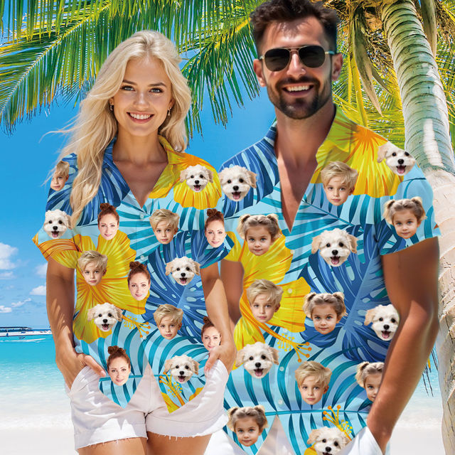 Picture of Custom Face Hawaiian Shirt for Family - Custom Hawaiian Shirt with Tropical Yellow Flower Pattern - Best Summer Hawaiian Shirt for Family