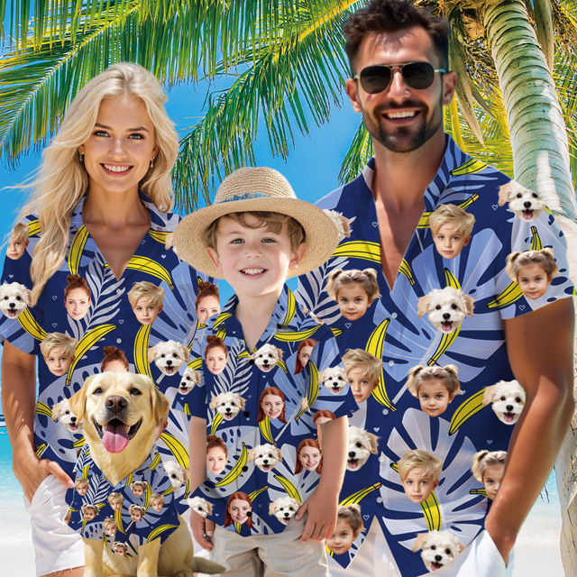 Picture of Custom Face Hawaiian Shirt for Family and Pets - Custom Hawaiian Shirt - Purple Ground with Banana Pattern - Best Summer Hawaiian Shirt for Family