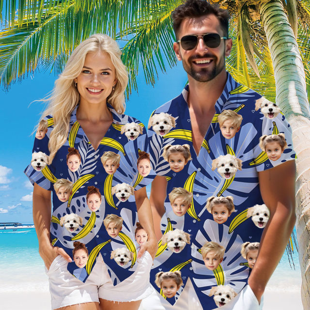 Picture of Custom Face Hawaiian Shirt for Family and Pets - Custom Hawaiian Shirt - Purple Ground with Banana Pattern - Best Summer Hawaiian Shirt for Family