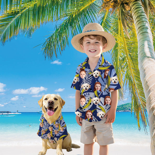 Picture of Custom Face Hawaiian Shirt for Family and Pets - Custom Hawaiian Shirt - Purple Ground with Banana Pattern - Best Summer Hawaiian Shirt for Family