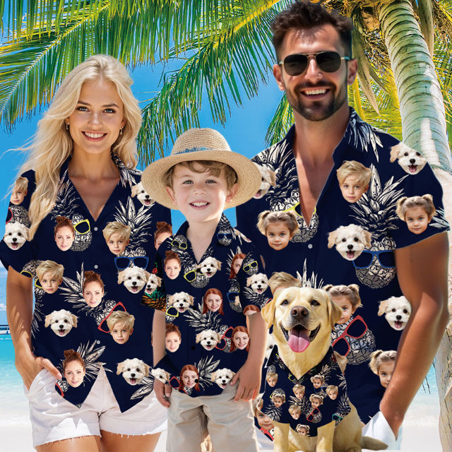 Picture of Custom Face Hawaiian Shirt for Family and Pets - Pineapple with Glasses Pattern - Best Summer Hawaiian Shirt for Family