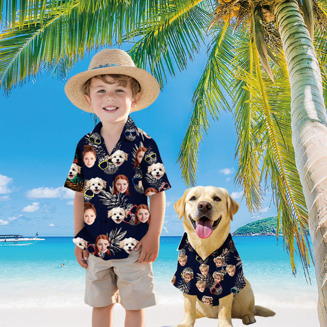 Picture of Custom Face Hawaiian Shirt for Family and Pets - Pineapple with Glasses Pattern - Best Summer Hawaiian Shirt for Family