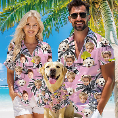 Picture of Custom Face Hawaiian Shirt for Family and Pets - Pink Ground with Coconut Tree Pattern - Best Summer Hawaiian Shirt for Family