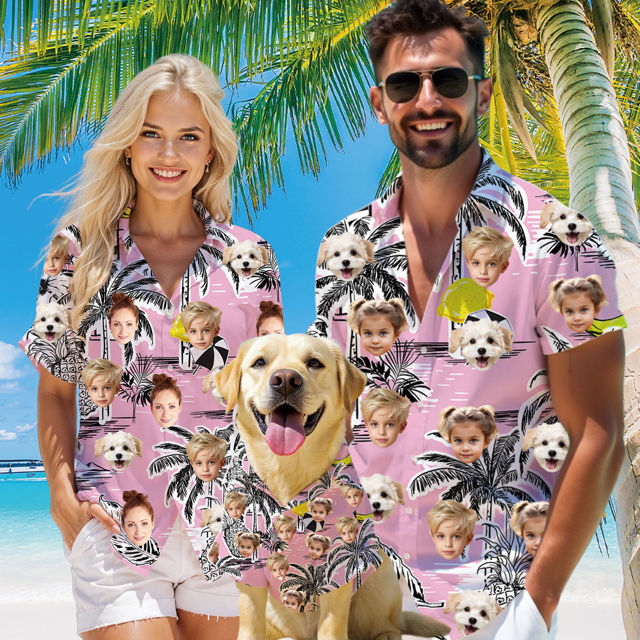 Picture of Custom Face Hawaiian Shirt for Family and Pets - Pink Ground with Coconut Tree Pattern - Best Summer Hawaiian Shirt for Family